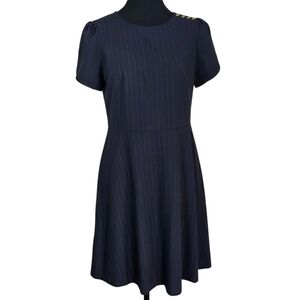 LOFT Navy Pinstripe Dress With Gold Buttons And Tulip Sleeves Size 2